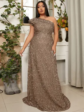 Plus Size One Shoulder A-Line Sequin Floor Evening Dress PXJ913