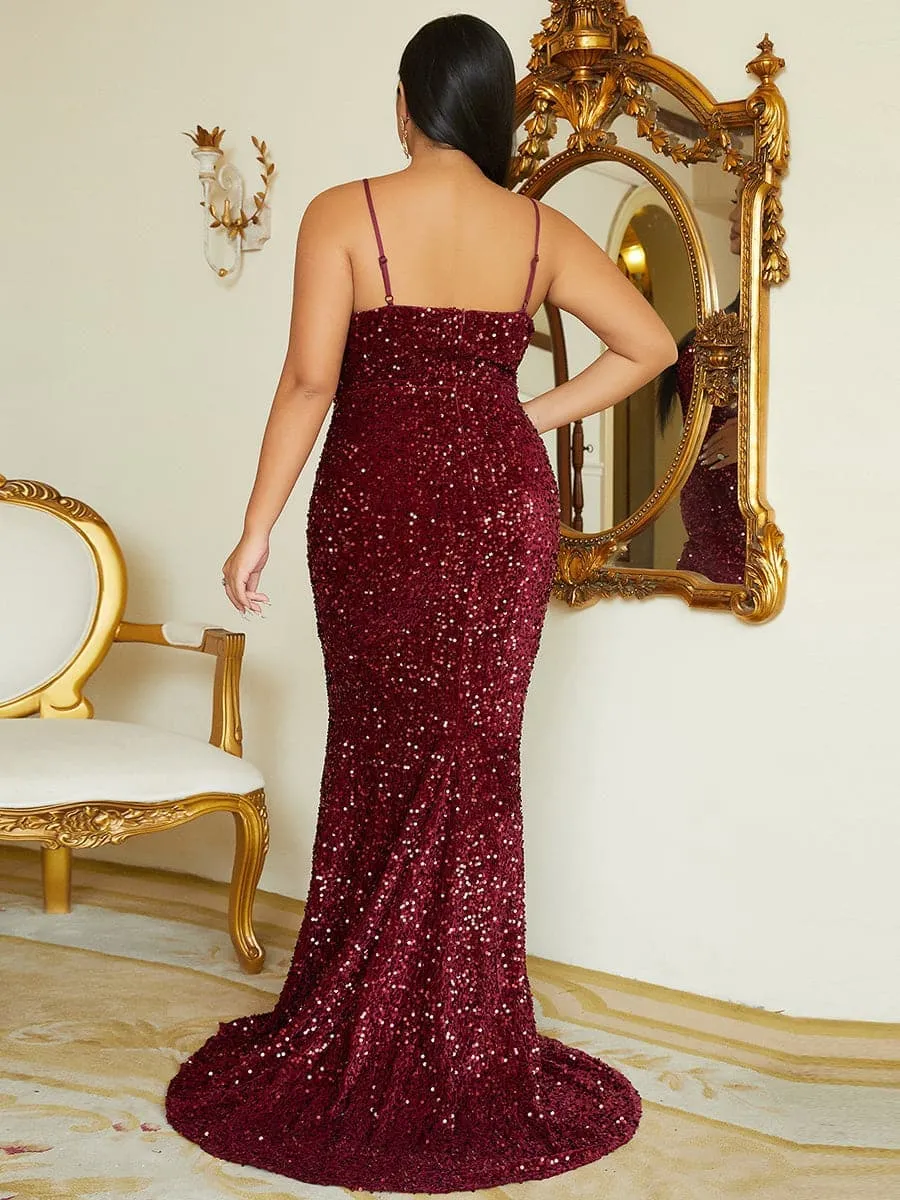 Plus Size Spaghetti Strap Sequin Wine Evening Dress PXJ1646