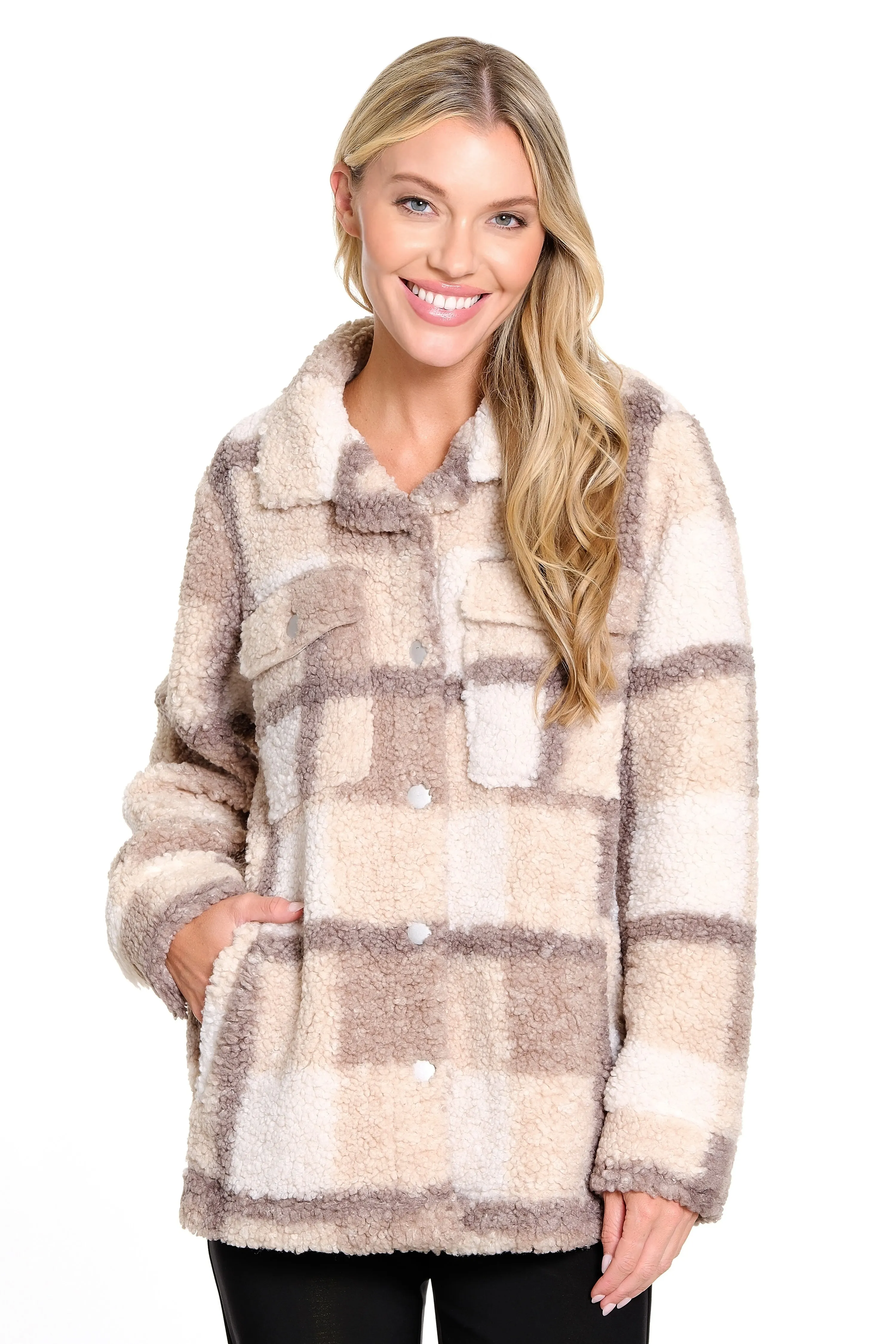 Printed Sherpa Jacket - Neutral Plaid