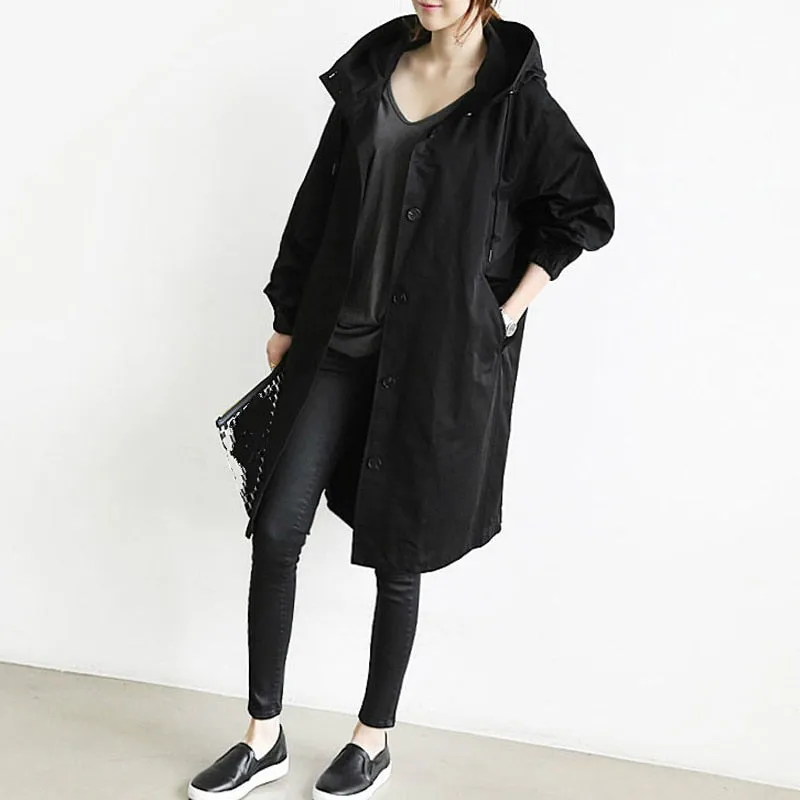 Purpdrank - Women Fashion Trench Coat Spring Autumn Casual Hooded Medium Long Overcoat Loose Windproof Coat Korean Trendy Large Size