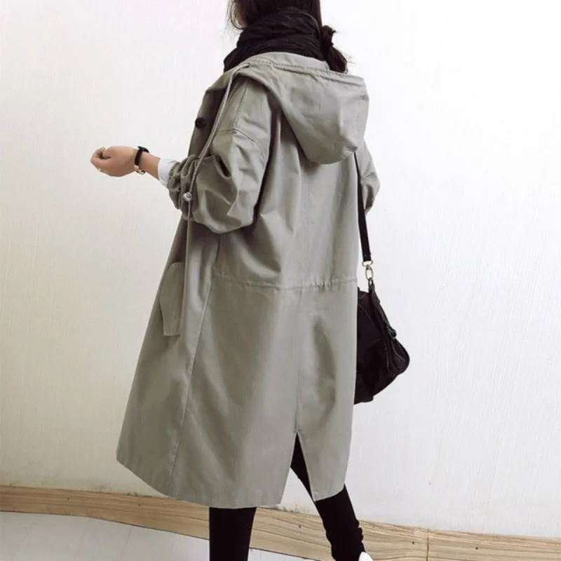 Purpdrank - Women Fashion Trench Coat Spring Autumn Casual Hooded Medium Long Overcoat Loose Windproof Coat Korean Trendy Large Size