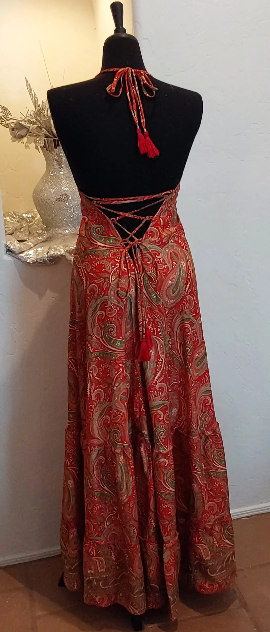 Red Floral Silk Backless Maxi Dress