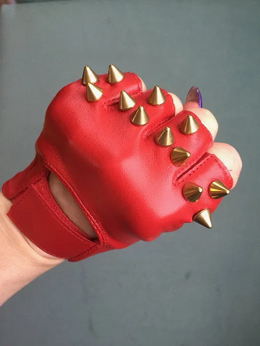 Red Leather Gloves w 3 Gold Spikes