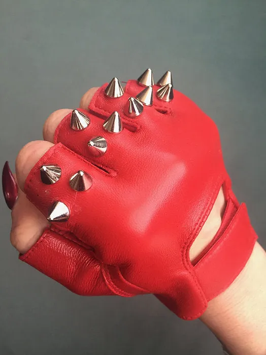 Red Leather Gloves w 3 Silver Spikes