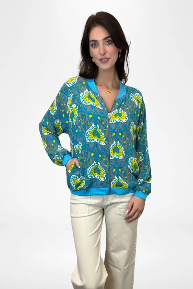 Reversible Bomber Jacket Turquoise & Olive Ikat Print By Pixi Carnival