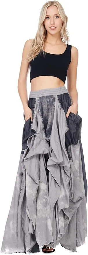 Romantic Boho Black & Grey Denim Asymmetrical Tov The Damsel`s Maxi Skirt