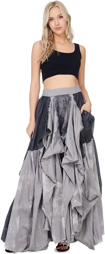 Romantic Boho Black & Grey Denim Asymmetrical Tov The Damsel`s Maxi Skirt