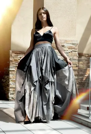 Romantic Boho Black & Grey Denim Asymmetrical Tov The Damsel`s Maxi Skirt