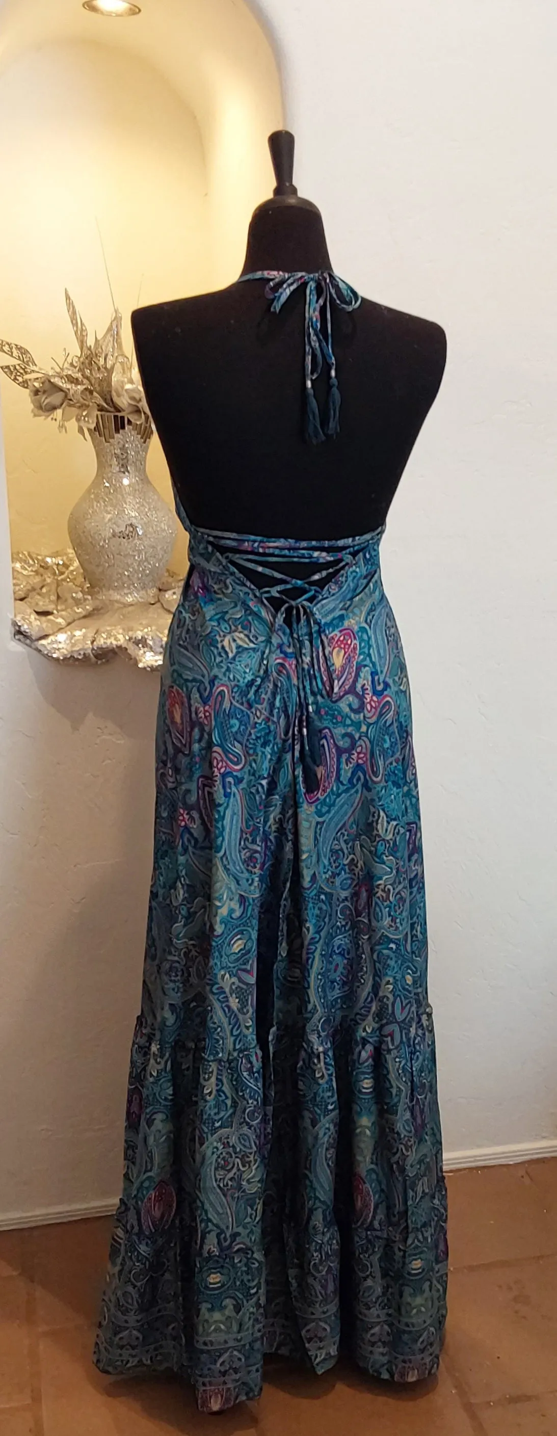 Romantic Turquoise Floral Silk Boho Backless Maxi Dress