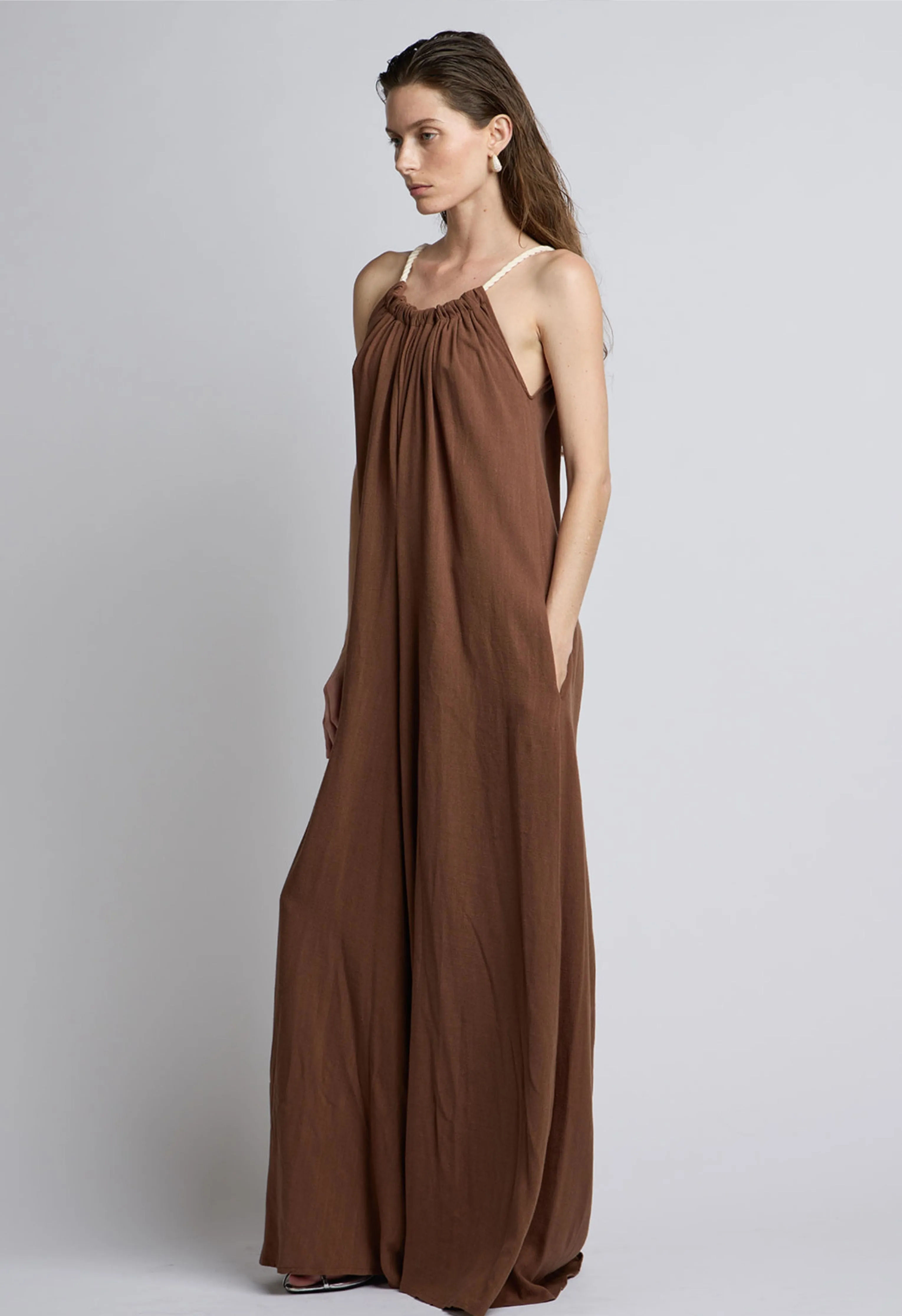 Rope Tie Linen Jumpsuit in Chocolate