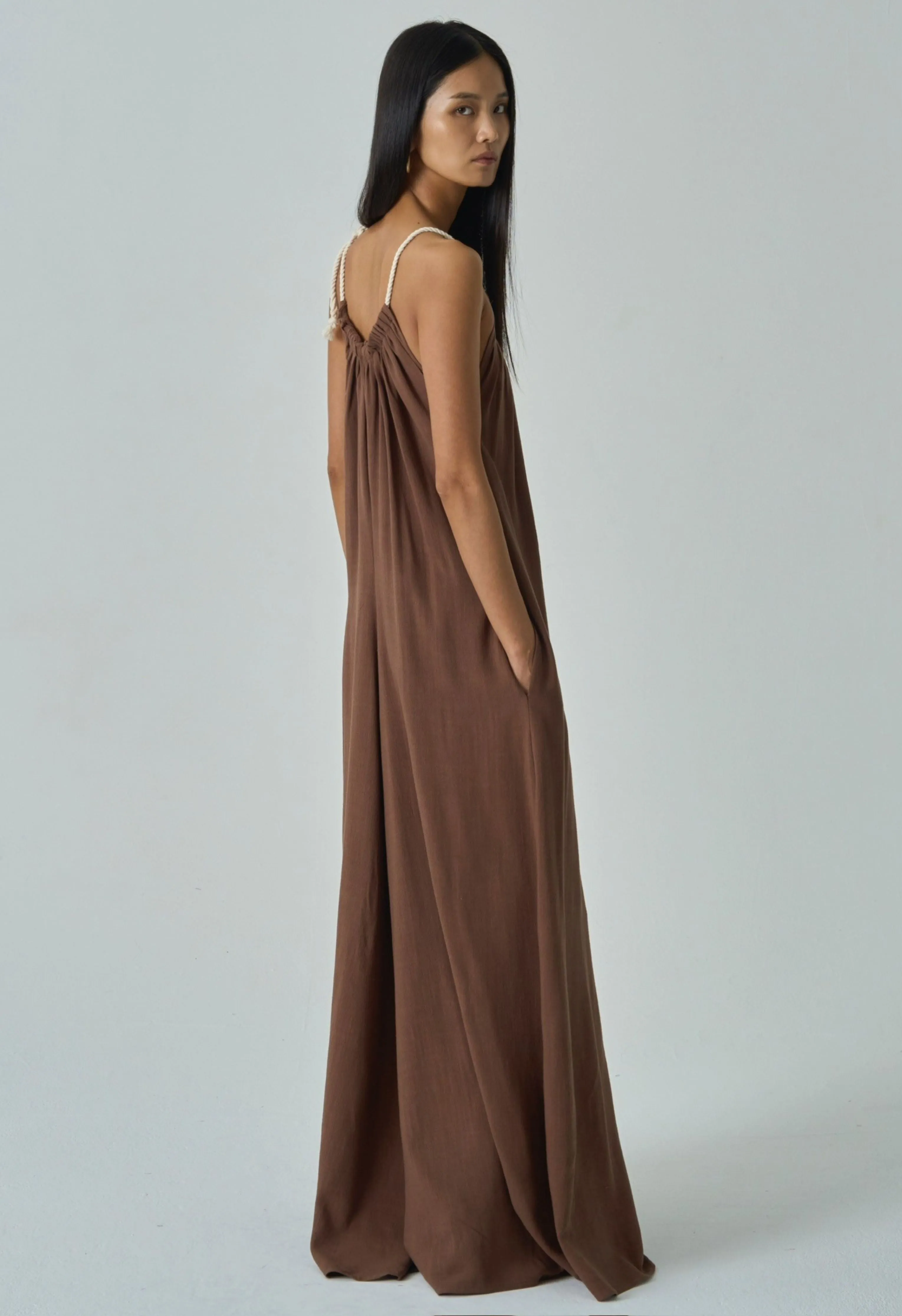 Rope Tie Linen Jumpsuit in Chocolate