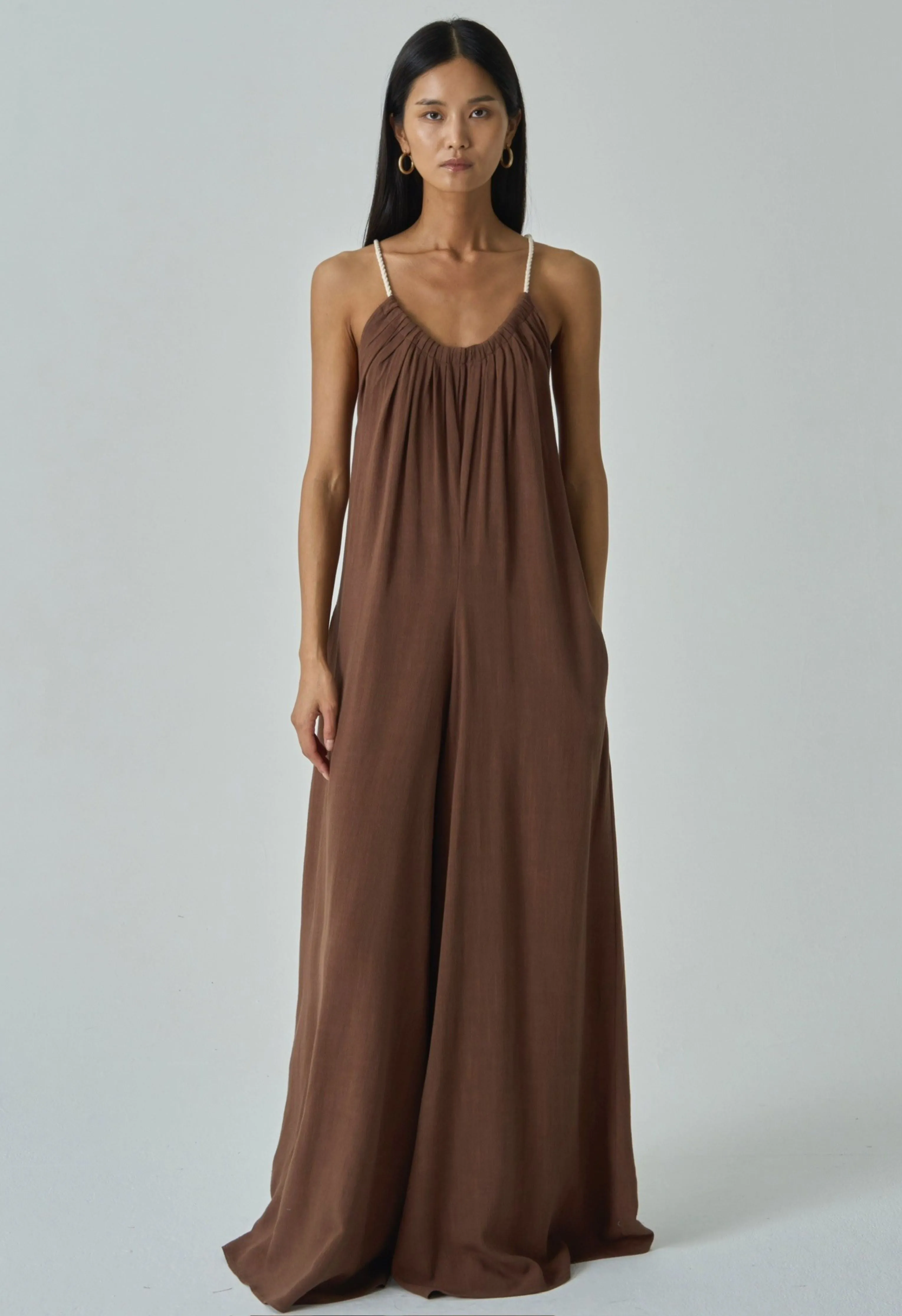 Rope Tie Linen Jumpsuit in Chocolate