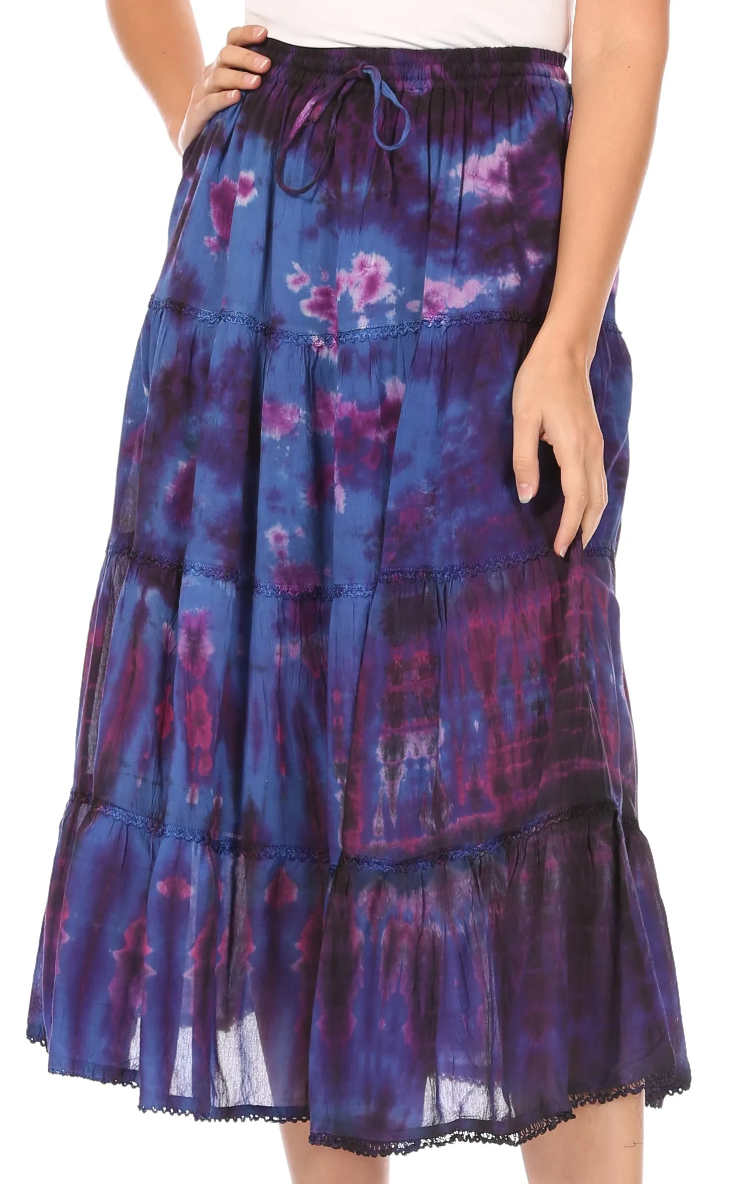 Sakkas Antonia Women's Skirt Tie Dye Boho Elastic Waist Adjustable Embroidery