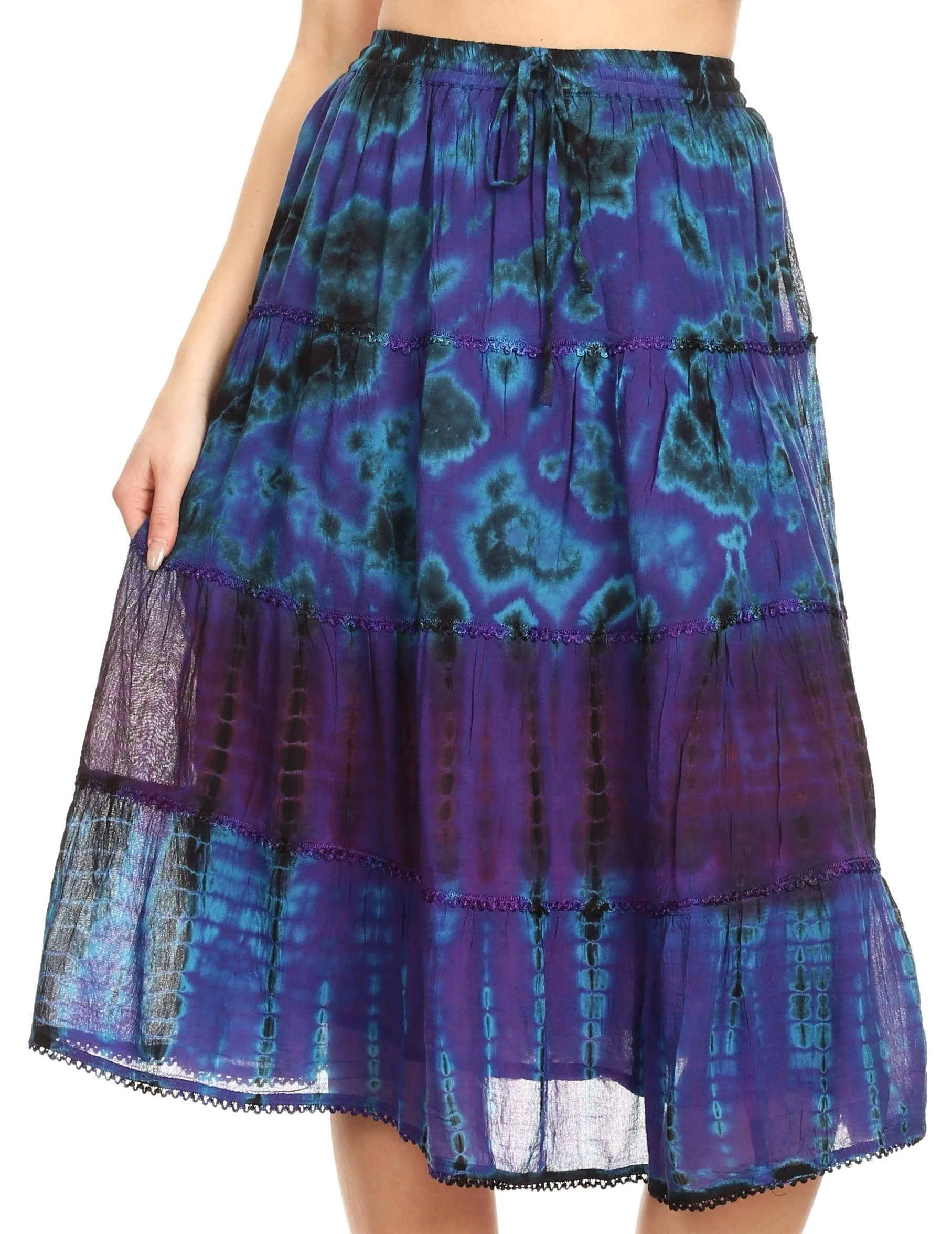 Sakkas Antonia Women's Skirt Tie Dye Boho Elastic Waist Adjustable Embroidery