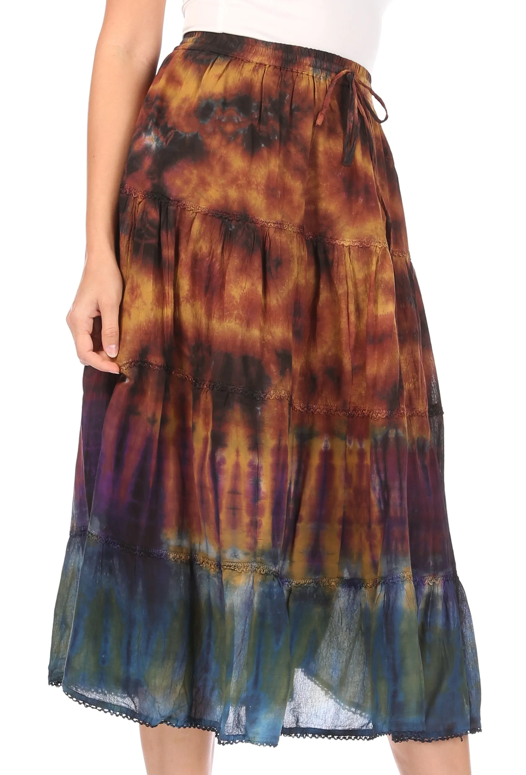 Sakkas Antonia Women's Skirt Tie Dye Boho Elastic Waist Adjustable Embroidery