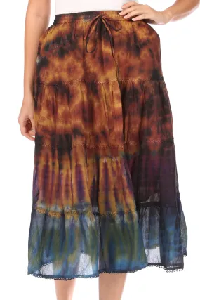 Sakkas Antonia Women's Skirt Tie Dye Boho Elastic Waist Adjustable Embroidery