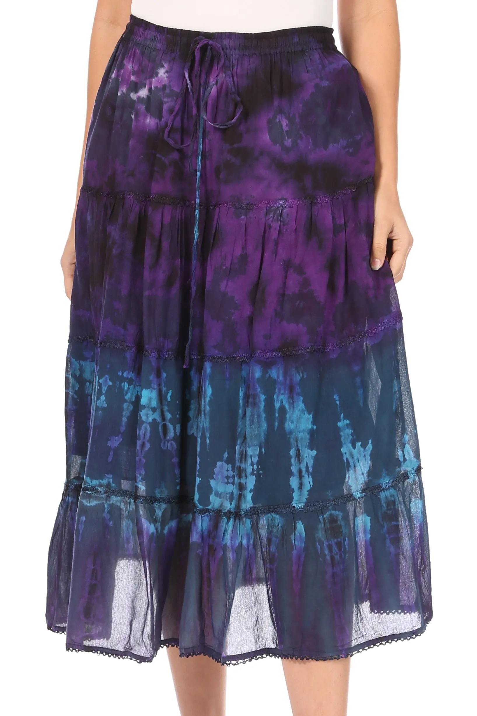 Sakkas Antonia Women's Skirt Tie Dye Boho Elastic Waist Adjustable Embroidery