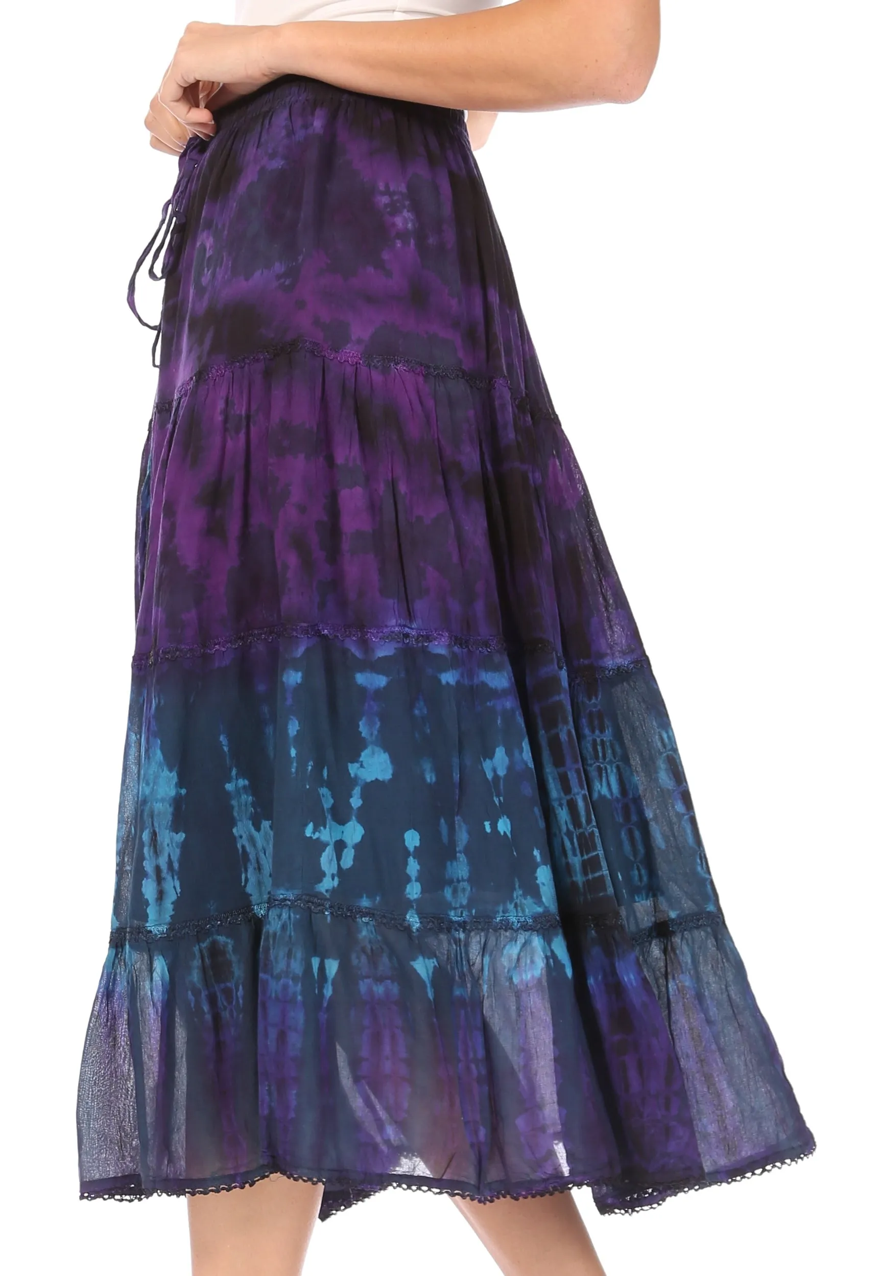 Sakkas Antonia Women's Skirt Tie Dye Boho Elastic Waist Adjustable Embroidery