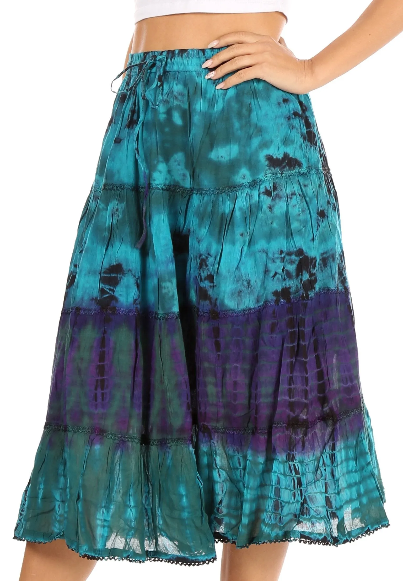 Sakkas Antonia Women's Skirt Tie Dye Boho Elastic Waist Adjustable Embroidery