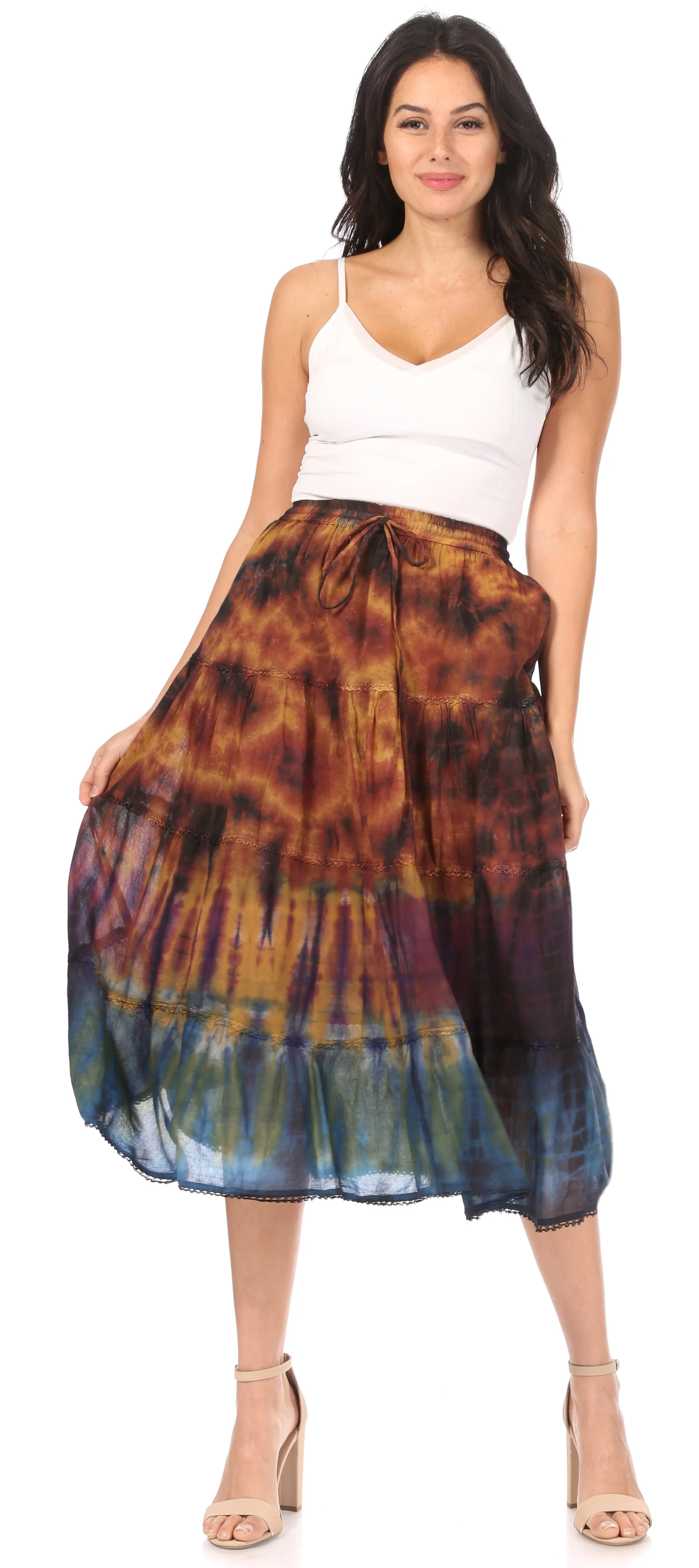 Sakkas Antonia Women's Skirt Tie Dye Boho Elastic Waist Adjustable Embroidery