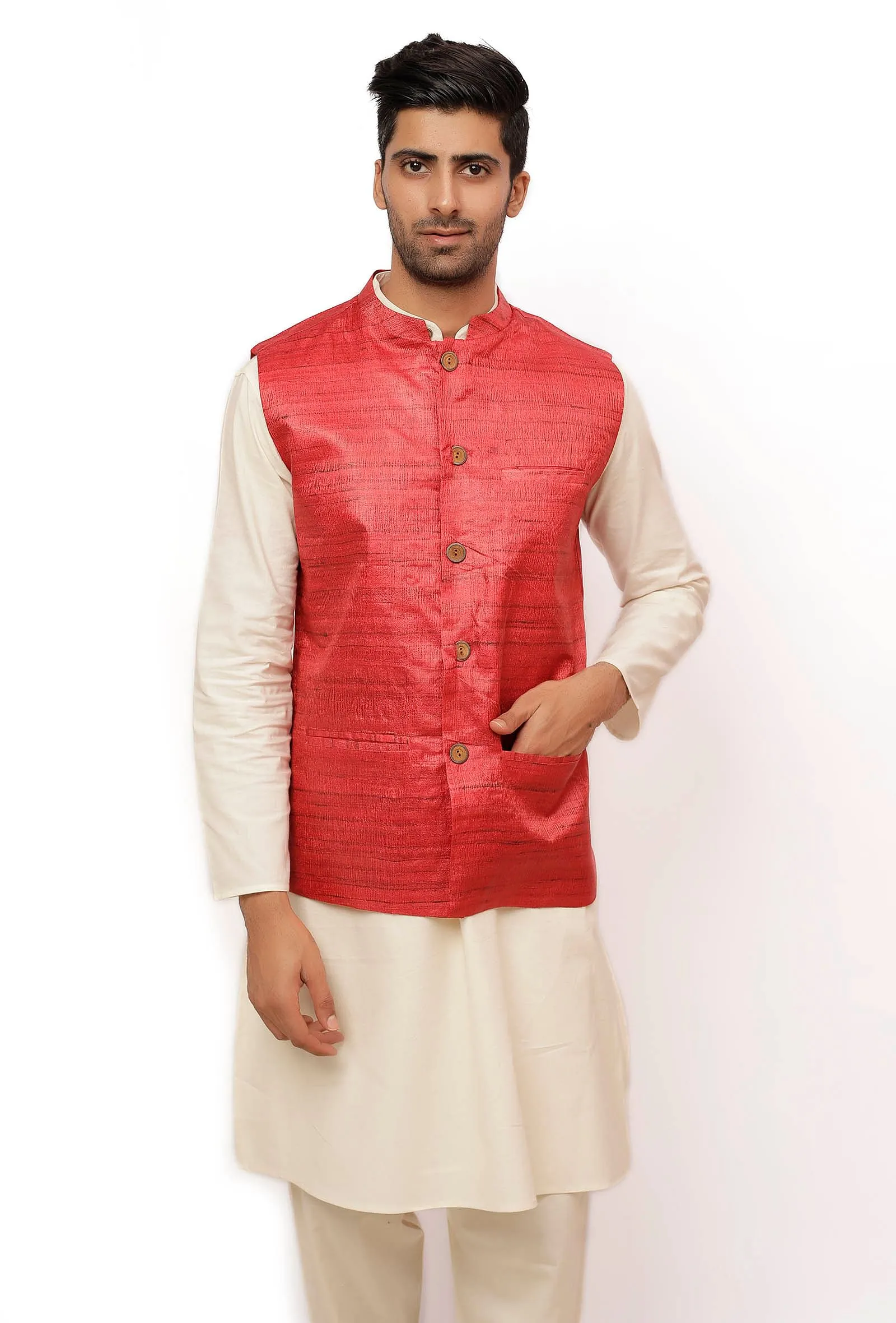 Scarlet Red Matka Silk Nehru Jacket