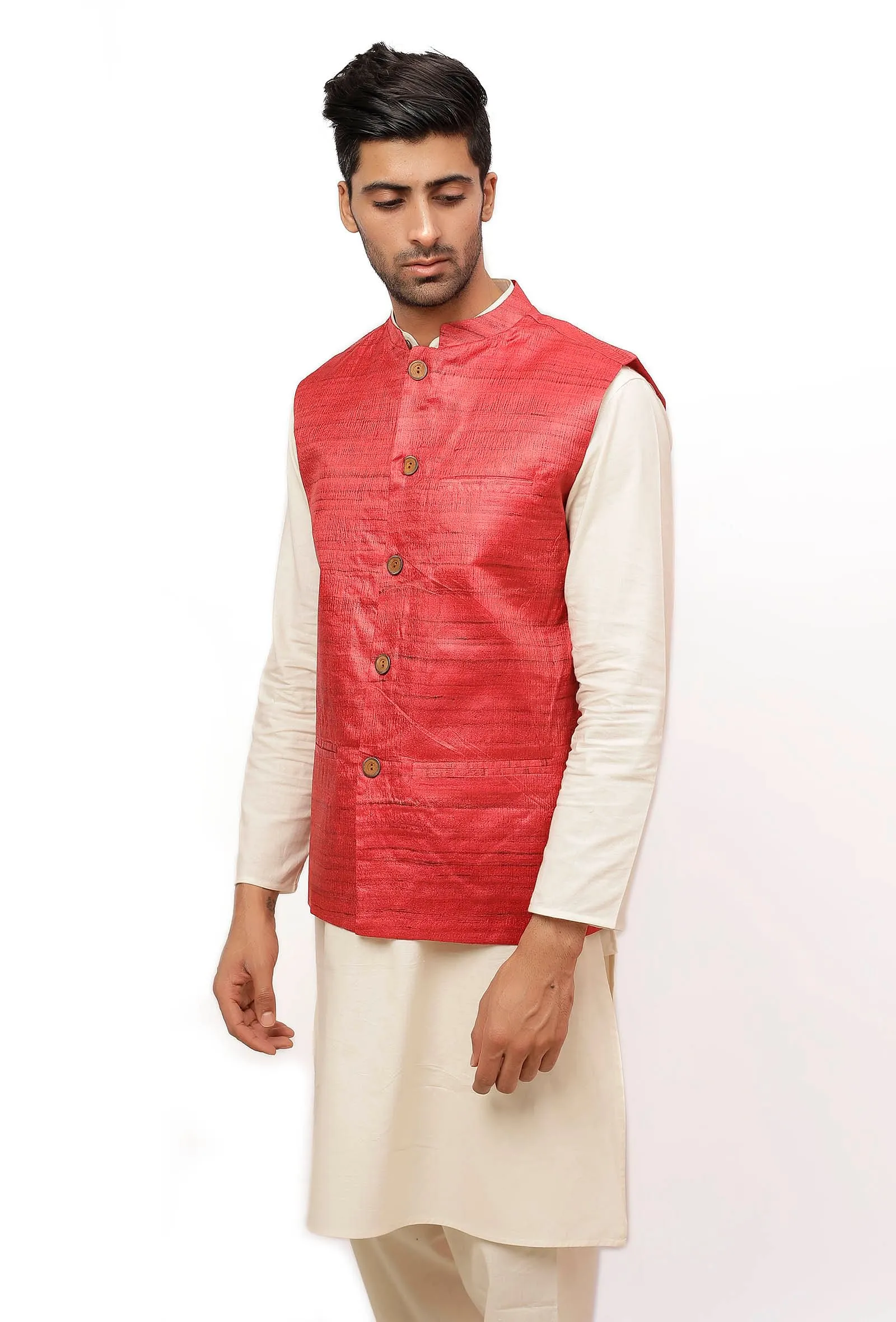 Scarlet Red Matka Silk Nehru Jacket