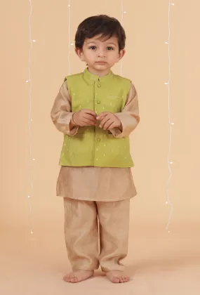 Set Of 3: Golden Chanderi Kurta, Pajama & Green Buti Nehru Jacket