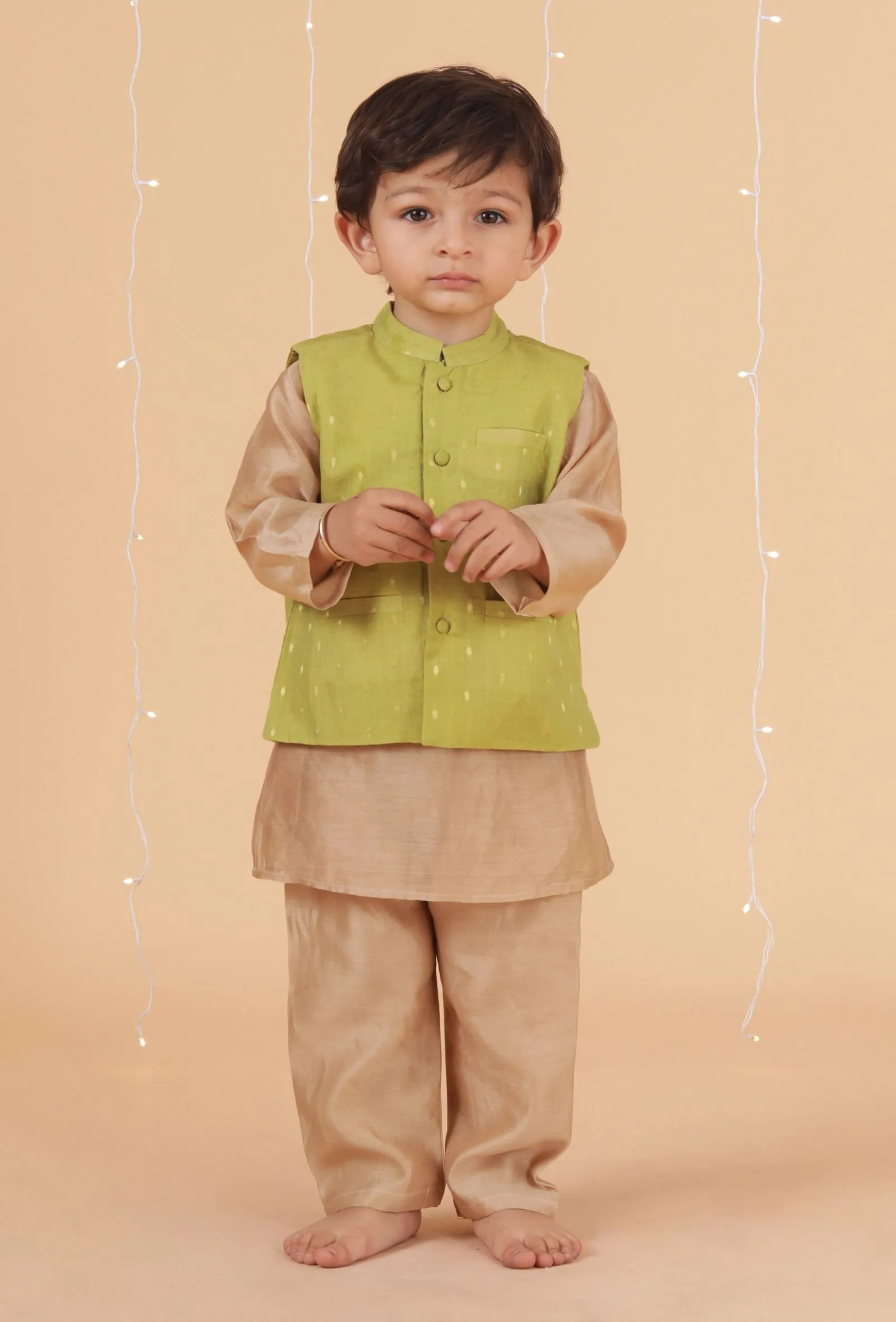 Set Of 3: Golden Chanderi Kurta, Pajama & Green Buti Nehru Jacket