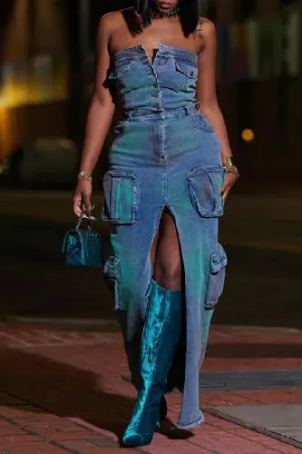 Sexy Strapless Blue Denim Cargo Maxi Dress