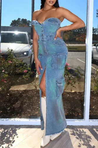 Sexy Strapless Blue Denim Cargo Maxi Dress