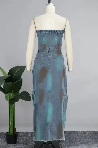 Sexy Strapless Blue Denim Cargo Maxi Dress