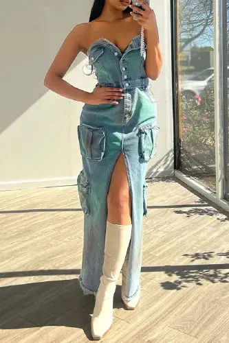 Sexy Strapless Blue Denim Cargo Maxi Dress