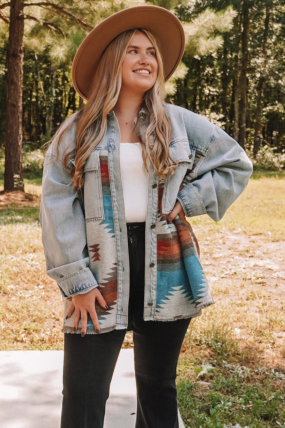 Sky Blue Plus Size Denim Geometric Print Jacket