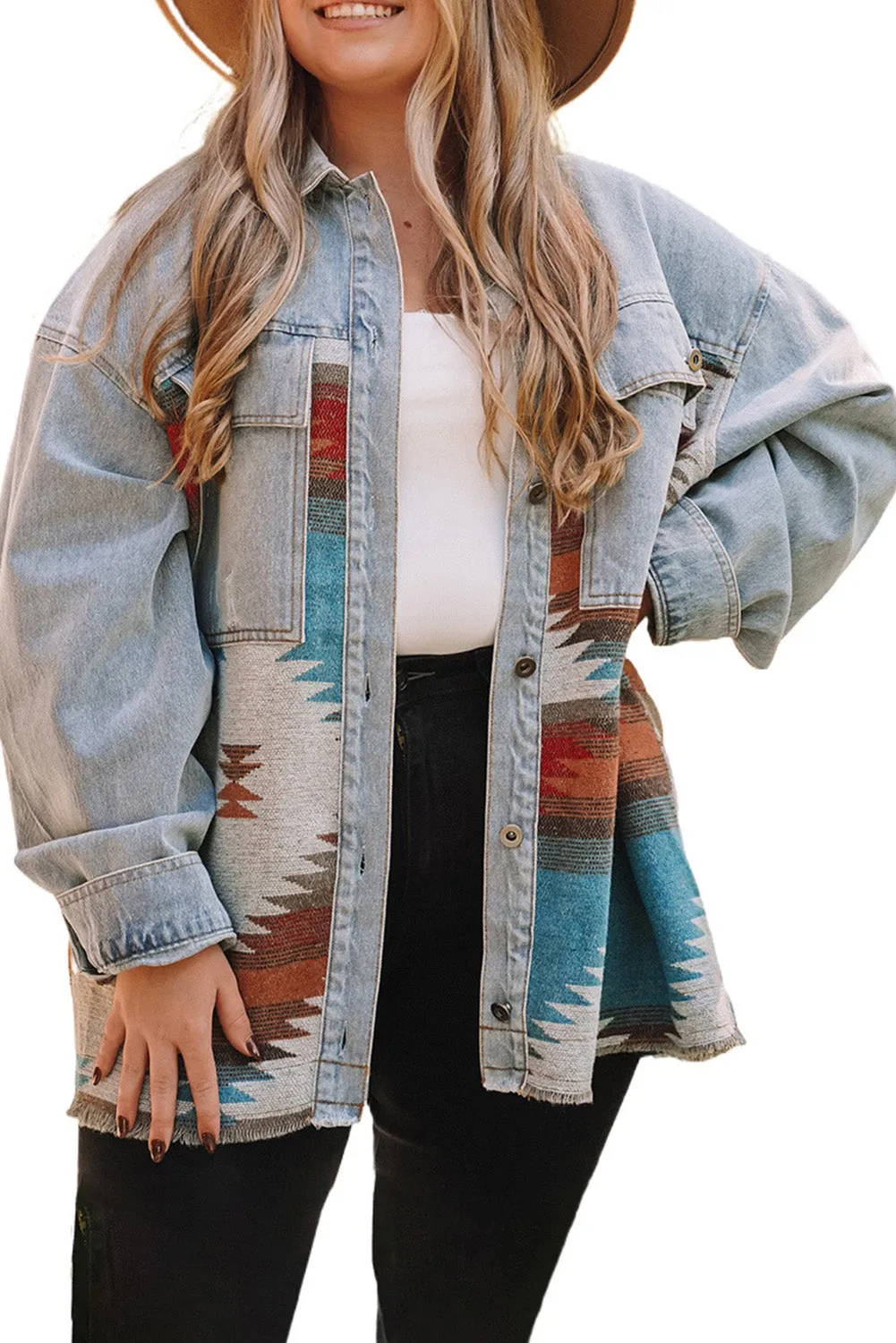 Sky Blue Plus Size Denim Geometric Print Jacket