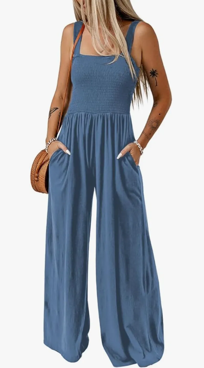 Smocked Wide Leg Jumpsuit | Blue