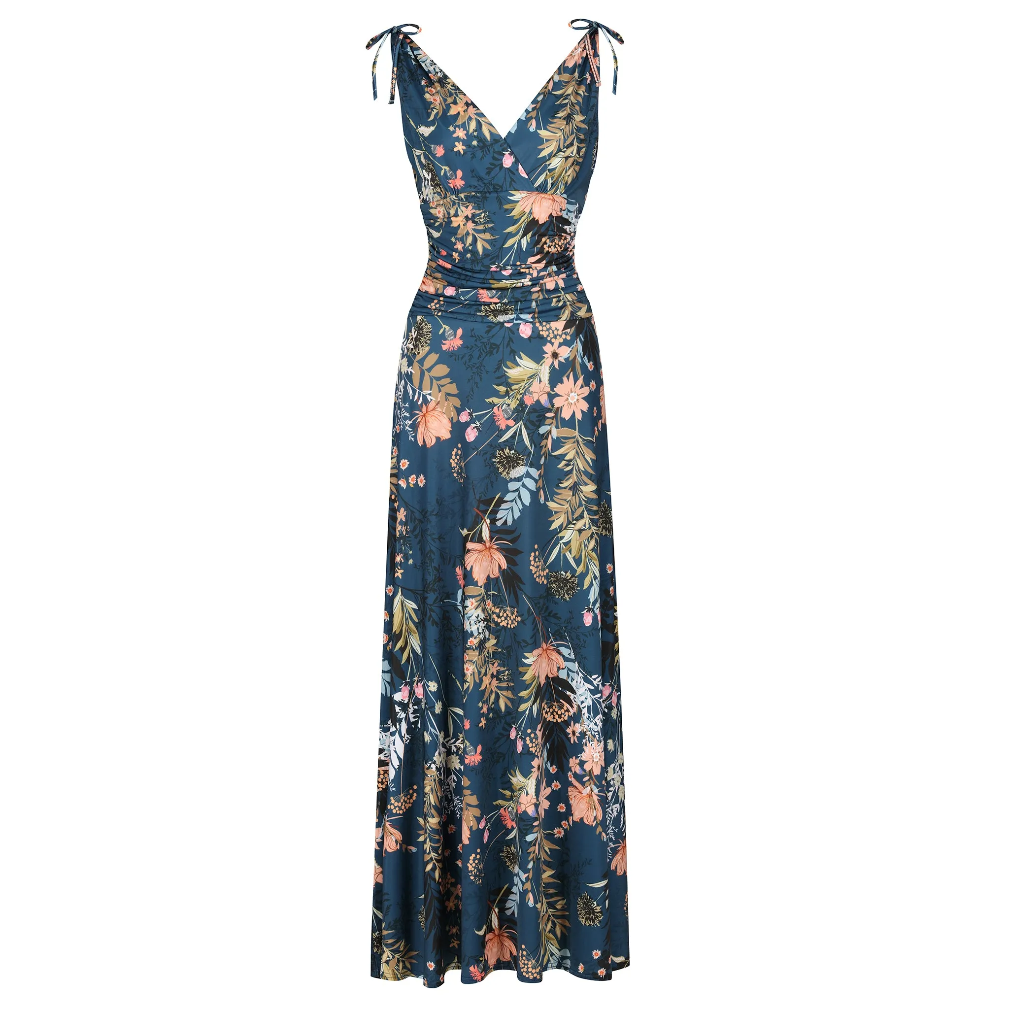 Teal Green Floral Print Slinky Summer Maxi Dress