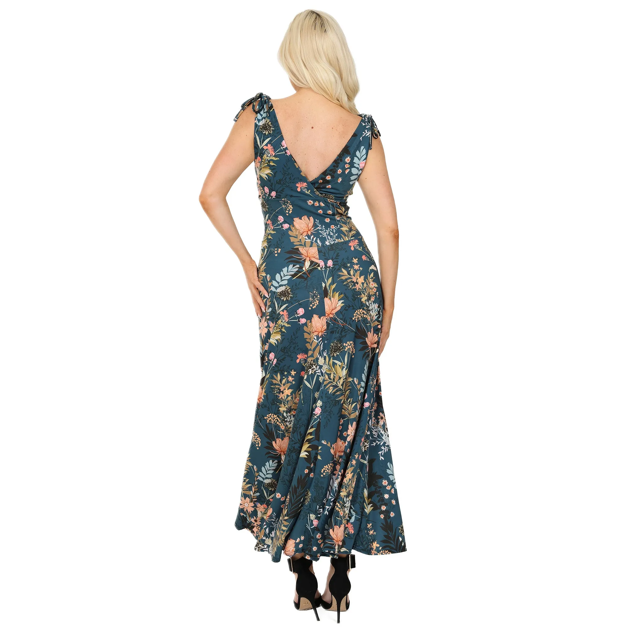 Teal Green Floral Print Slinky Summer Maxi Dress