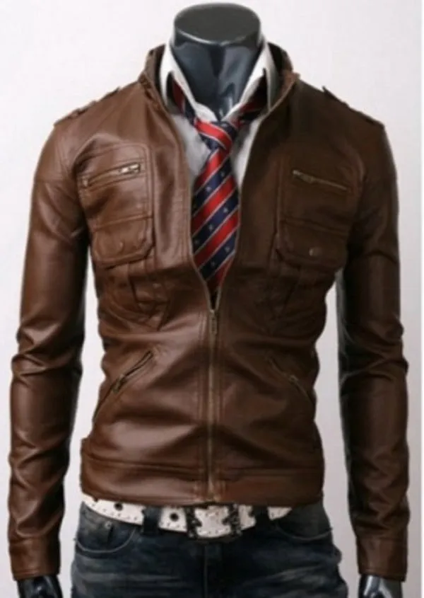 Trendy Zip Pocket Light Brown Leather Jacket