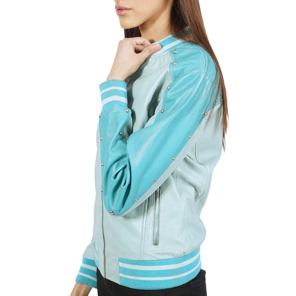 Varsity Turquoise Bomber Leather Jacket