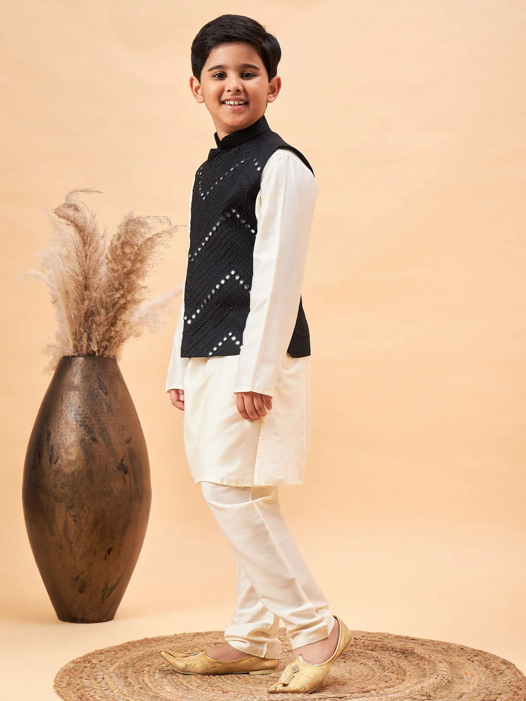 VASTRAMAY Boy's Black Mirror Work Jacket And Solid Kurta Pyjama Set