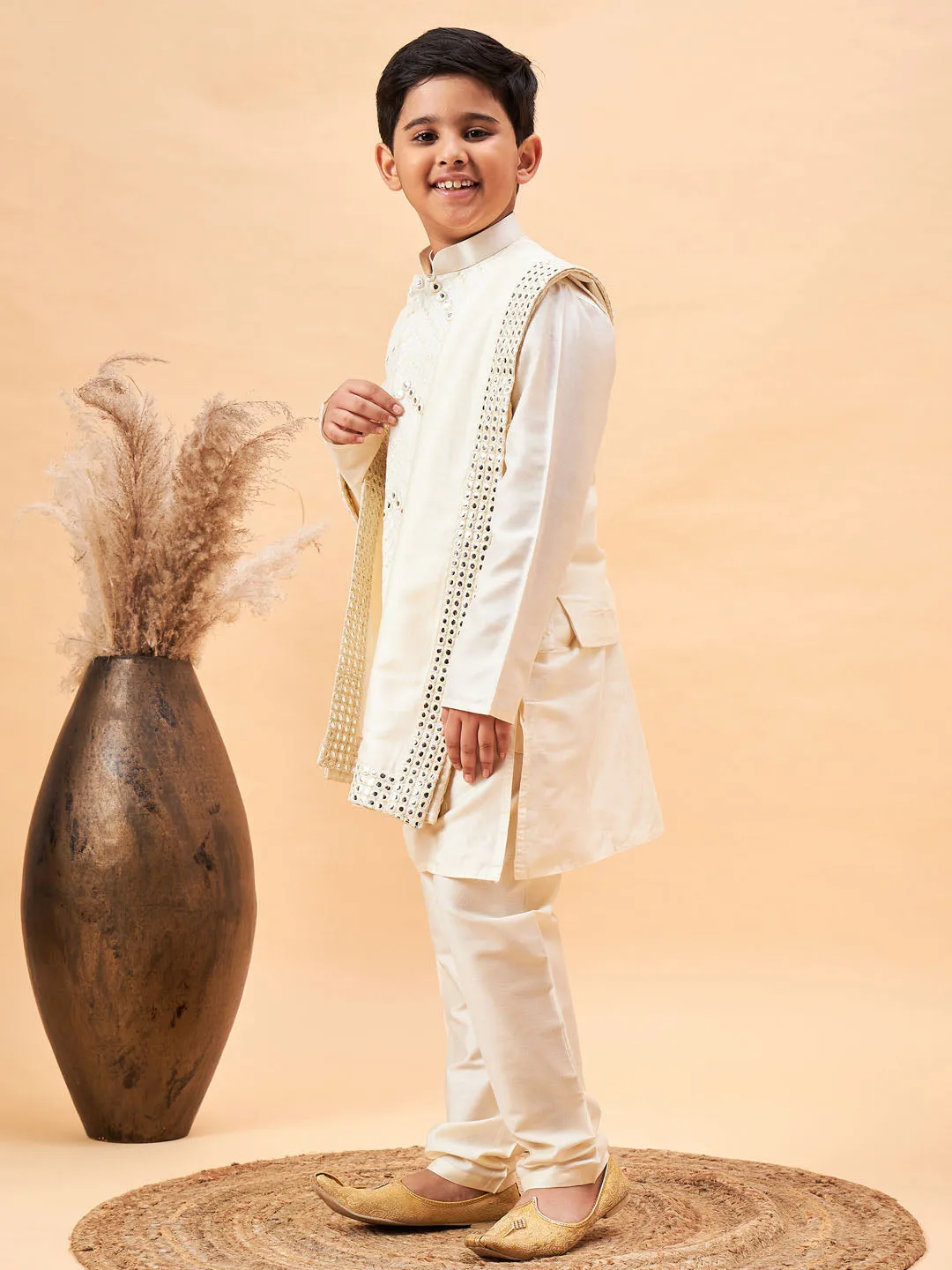 VASTRAMAY Boy's Cream Mirror Work Jacket And Solid Kurta Pyjama Set With Ethnic Dupatta