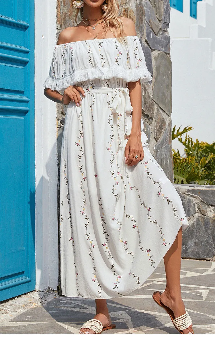 Villa Embroidered Off The Shoulder Chiffon Midi Dress