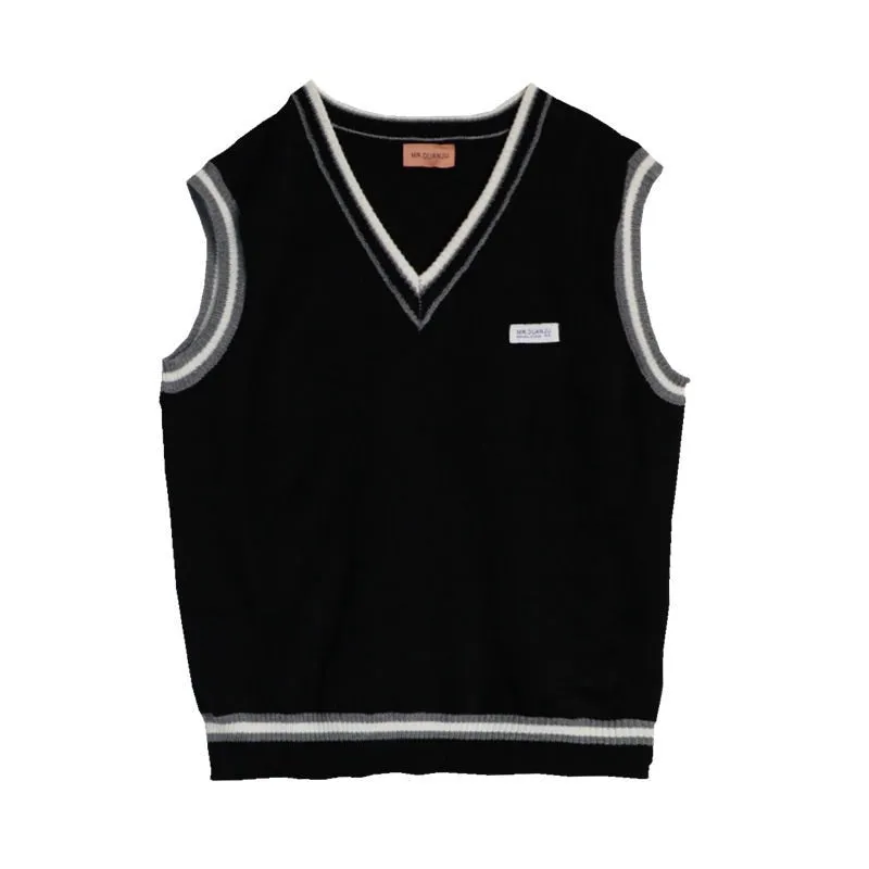 Voguable Sweater Vest Men V-neck Patchwork Leisure Loose All-match Streetwear Sleeveless Sweaters Mens Chic Korean Style Teens Couples BF