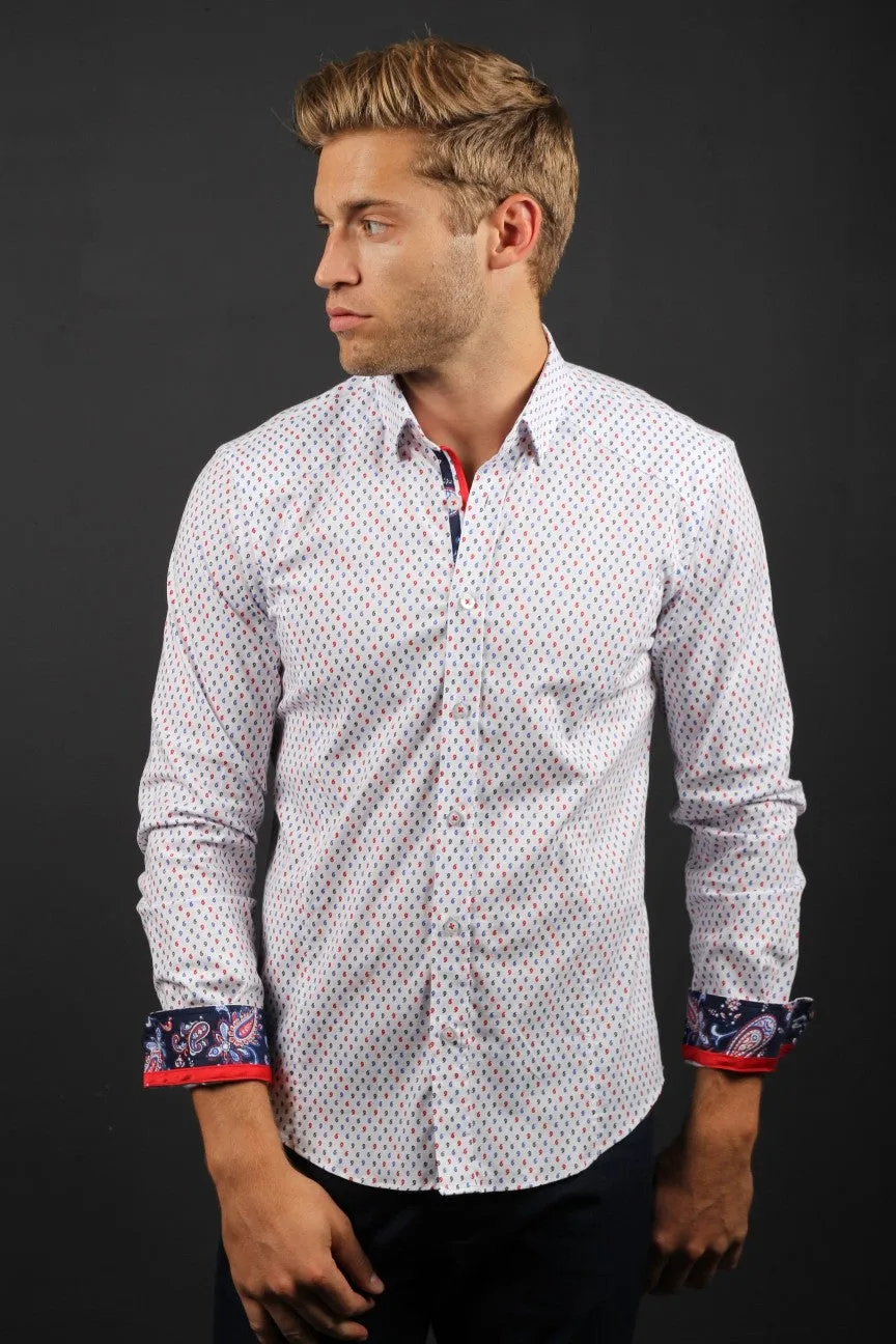 White Button Down Shirt W/Paisley Trim