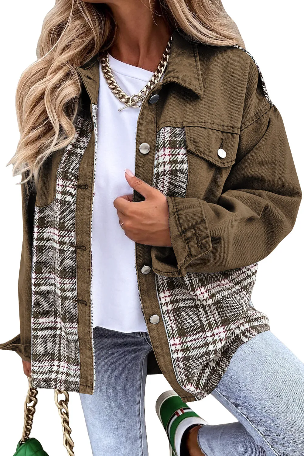 Wholesale Brown Plaid Patchwork Pockets Denim Jacket