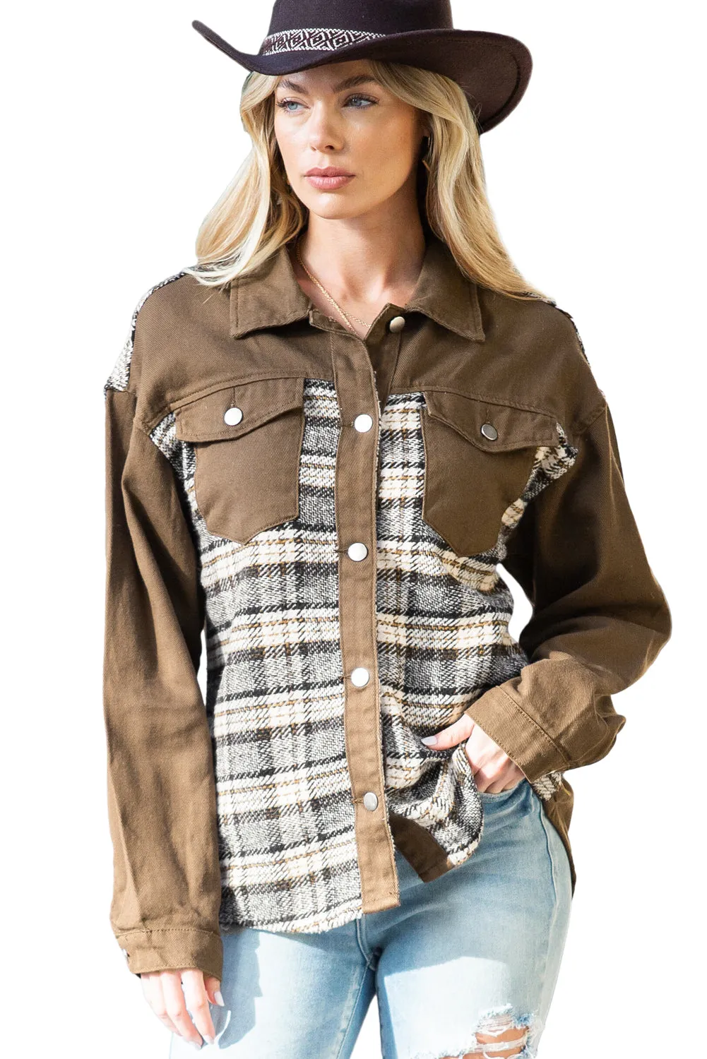 Wholesale Brown Plaid Patchwork Pockets Denim Jacket