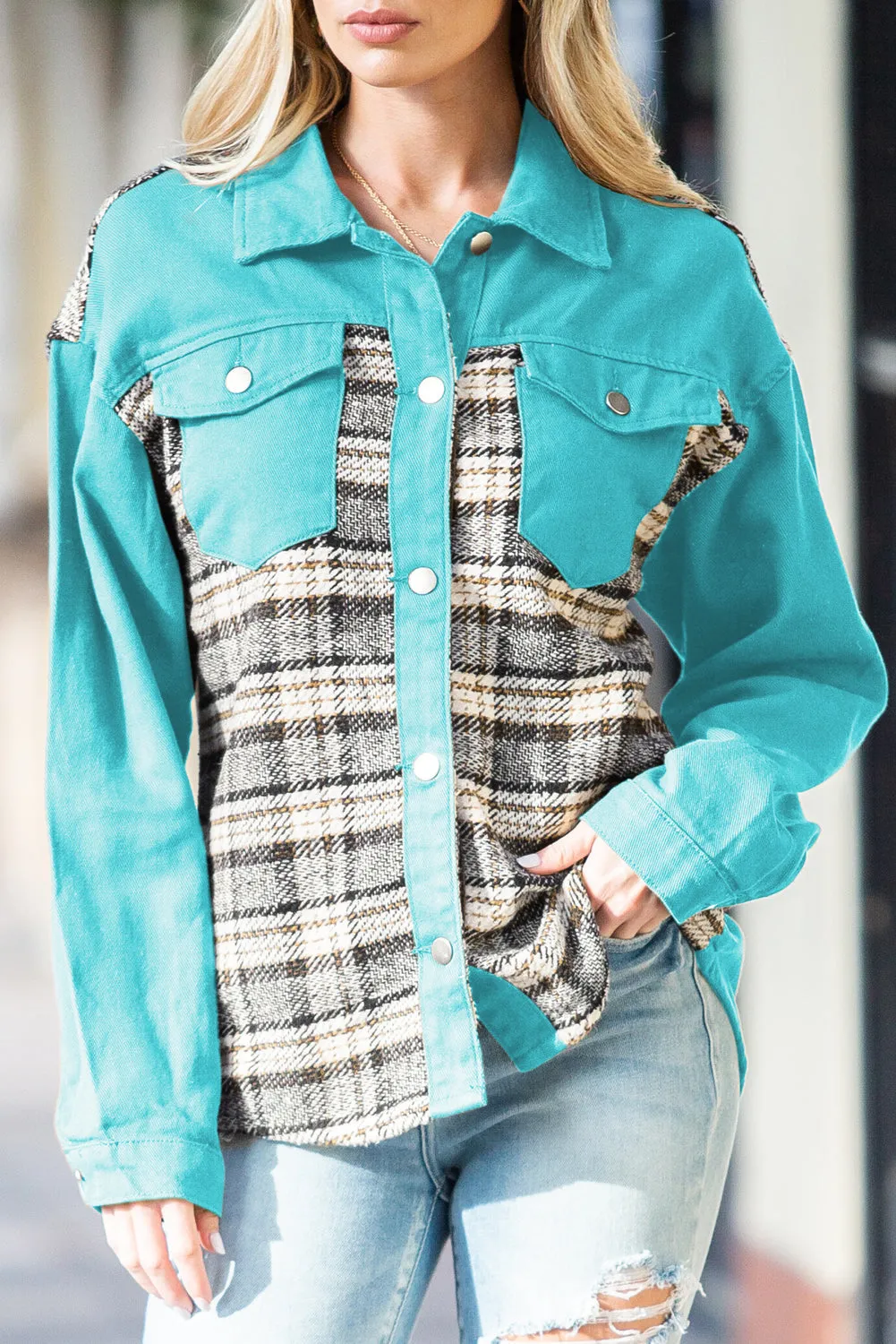 Wholesale Brown Plaid Patchwork Pockets Denim Jacket