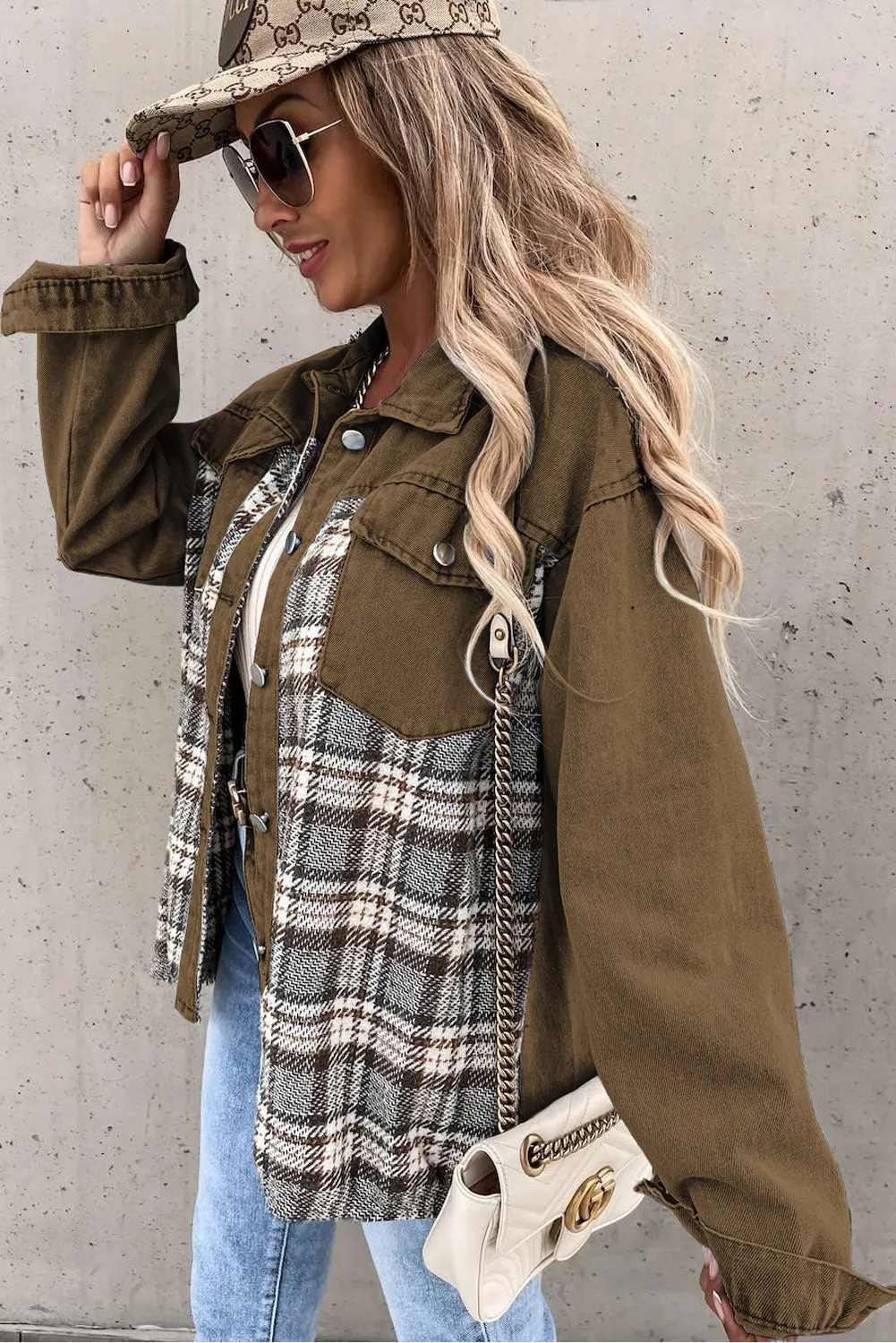 Wholesale Brown Plaid Patchwork Pockets Denim Jacket