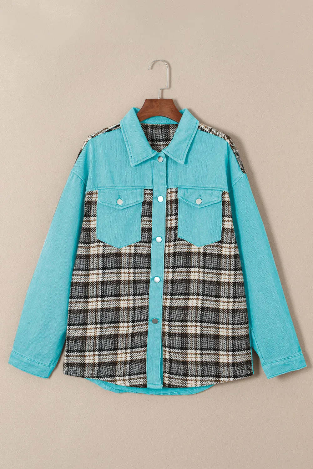 Wholesale Brown Plaid Patchwork Pockets Denim Jacket