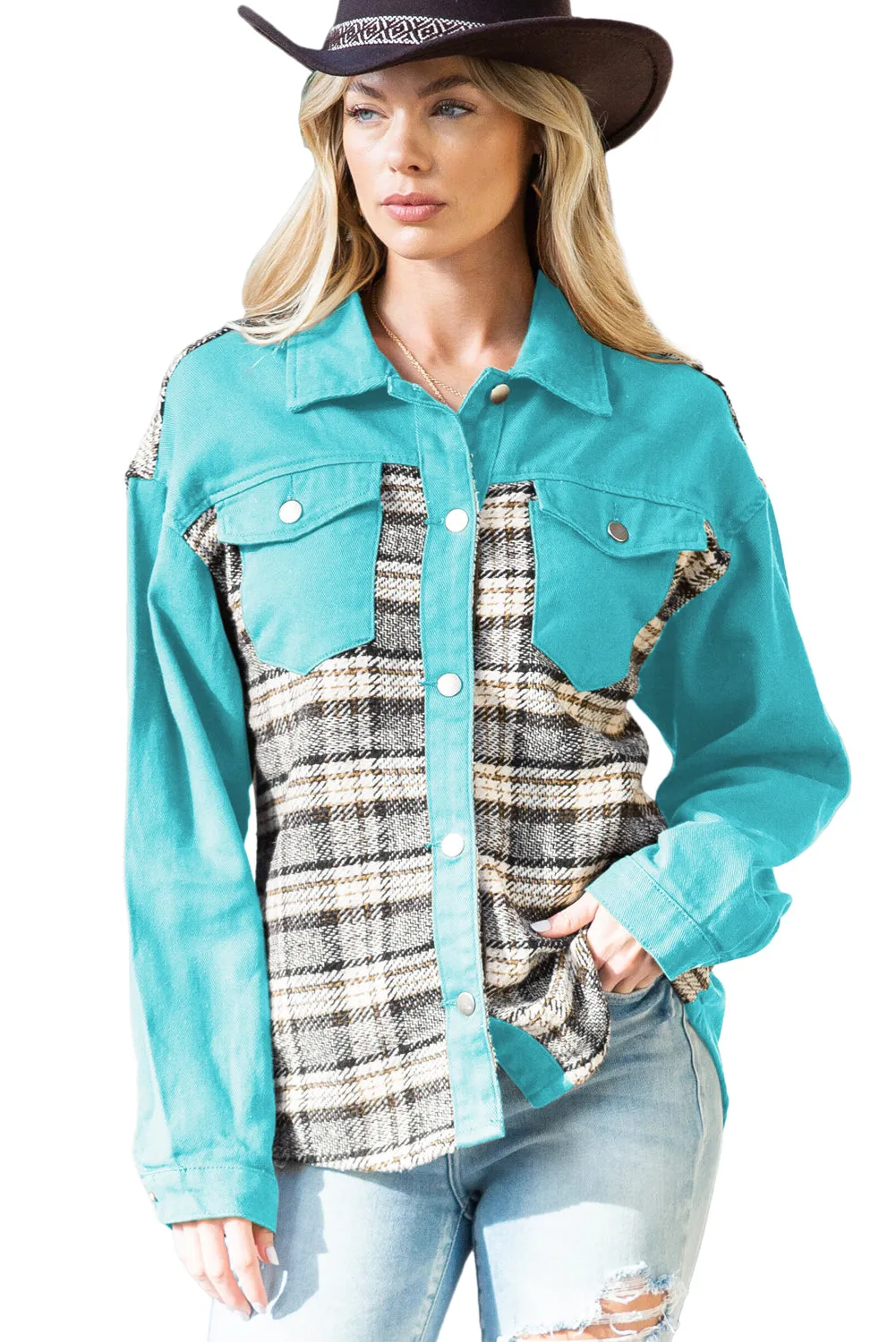 Wholesale Brown Plaid Patchwork Pockets Denim Jacket